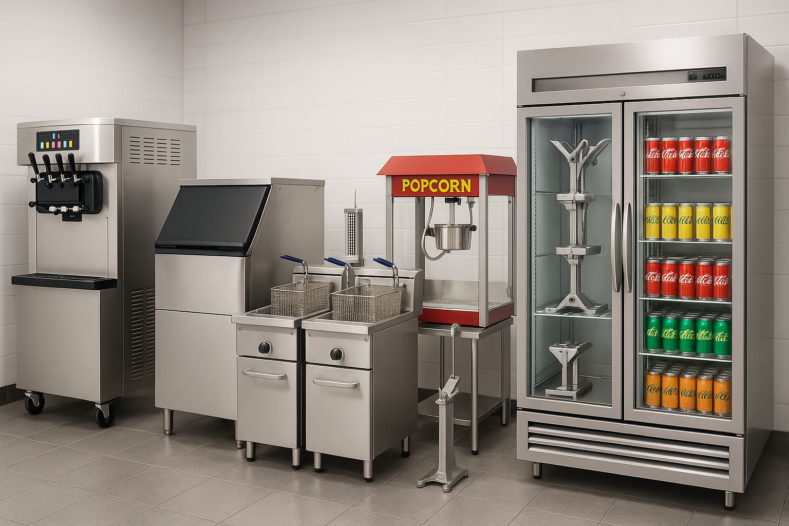 catering equipment with ice cream machine, ice machine, electric fryers, popcorn machines, chip cutters, double door display fridge for cola cans
